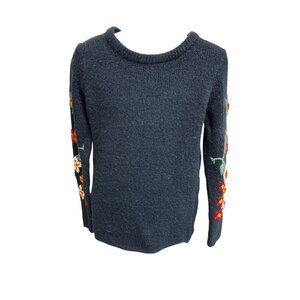 Girls Floral Embroidered Navy Sweater With Long Sleeves and Crew Neck
